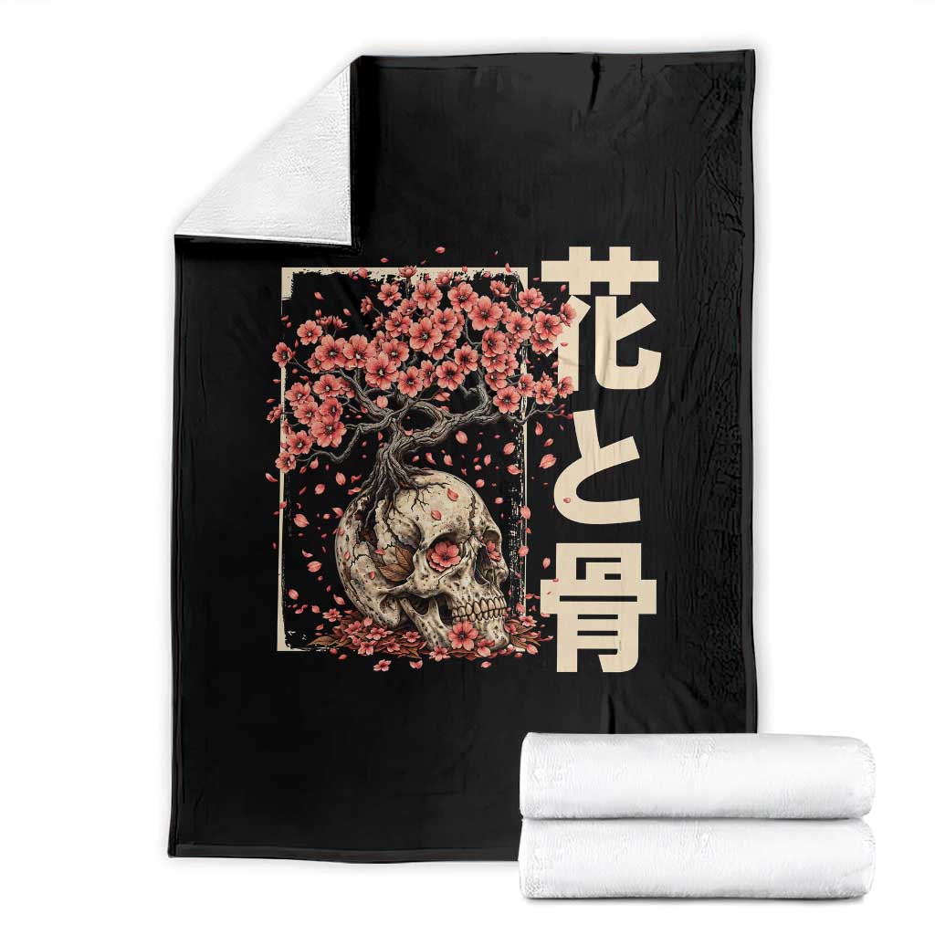 Goth Skull Cherry Blossoms Throw Blanket Japanese Sakura Floral Cottagecore Gothic