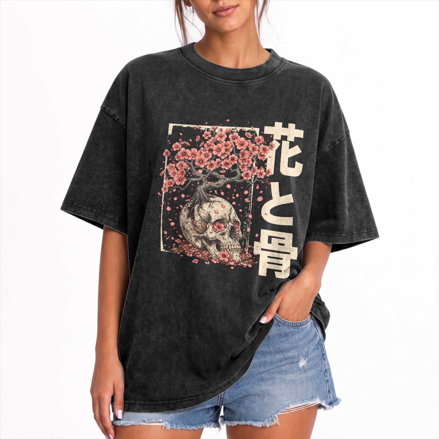 Goth Skull Cherry Blossoms Washed Cotton T-Shirt Japanese Sakura Floral Cottagecore Gothic