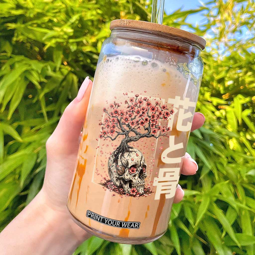 Goth Skull Cherry Blossoms Glass Can Japanese Sakura Floral Cottagecore Gothic
