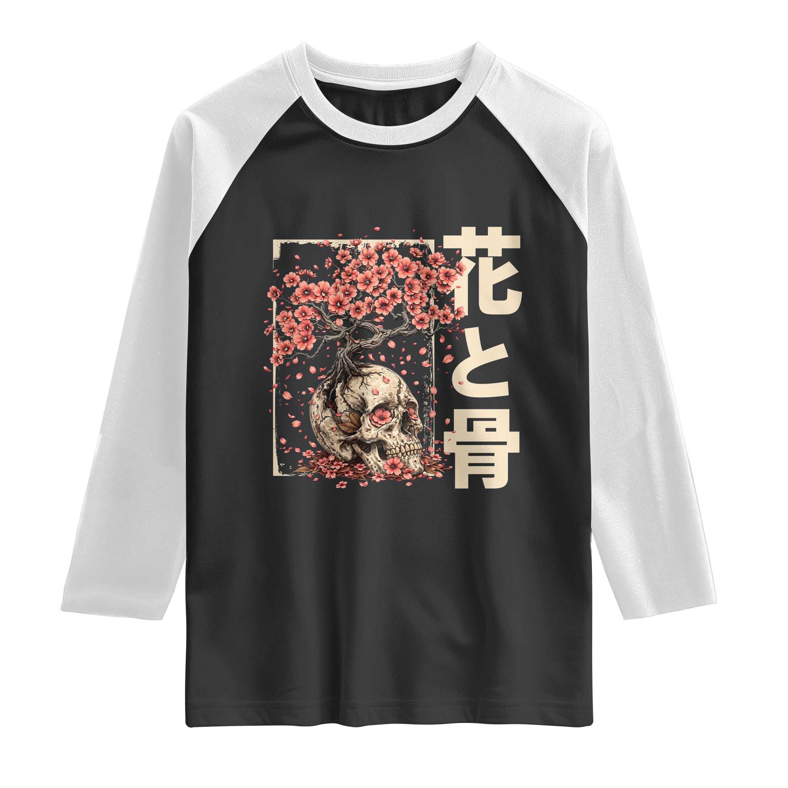 Goth Skull Cherry Blossoms Raglan Shirt Japanese Sakura Floral Cottagecore Gothic