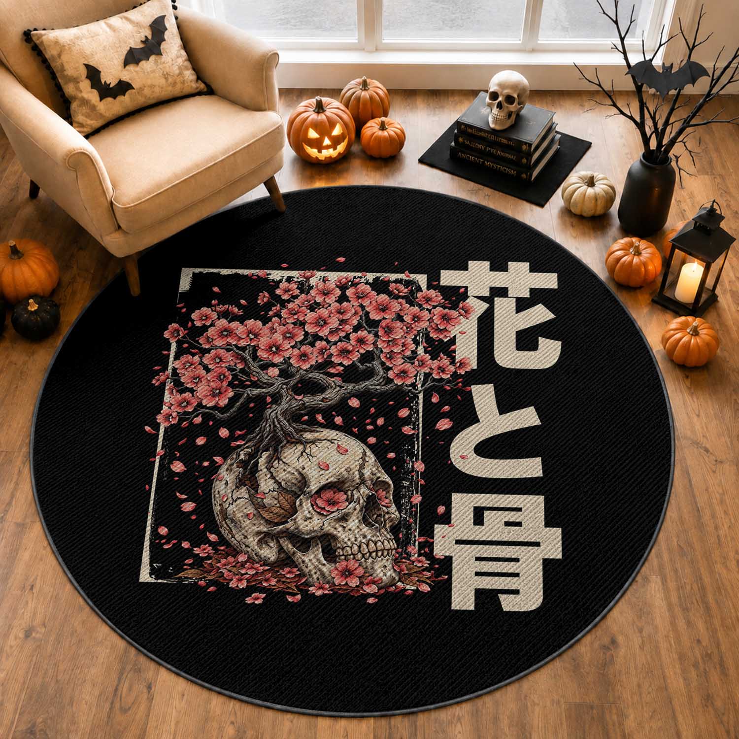 Goth Skull Cherry Blossoms Round Rug Japanese Sakura Floral Cottagecore Gothic