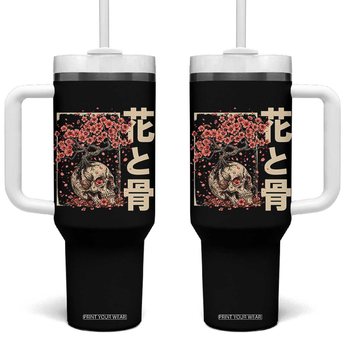 Goth Skull Cherry Blossoms Tumbler With Handle Japanese Sakura Floral Cottagecore Gothic