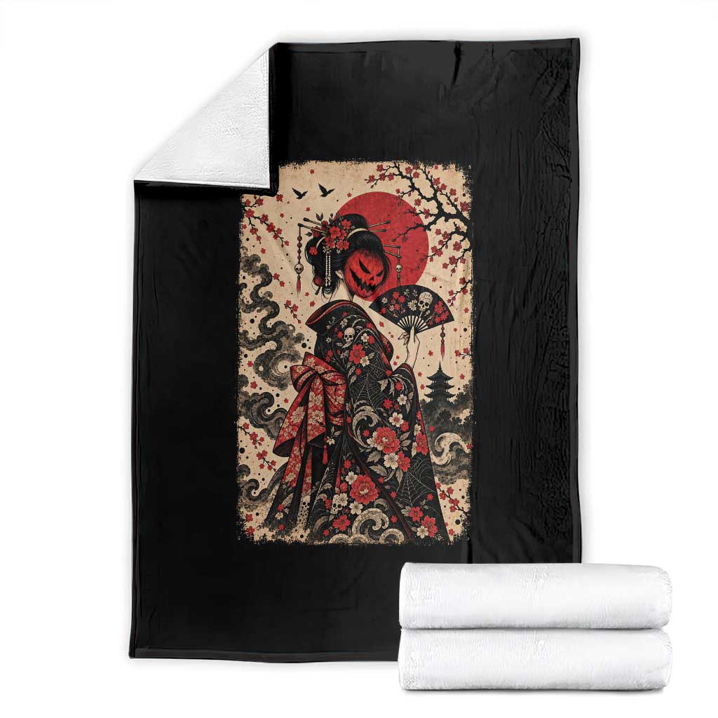 Vintage Halloween Geisha Japanese Ukiyoe Throw Blanket Spooky Kimono Dark Folklore