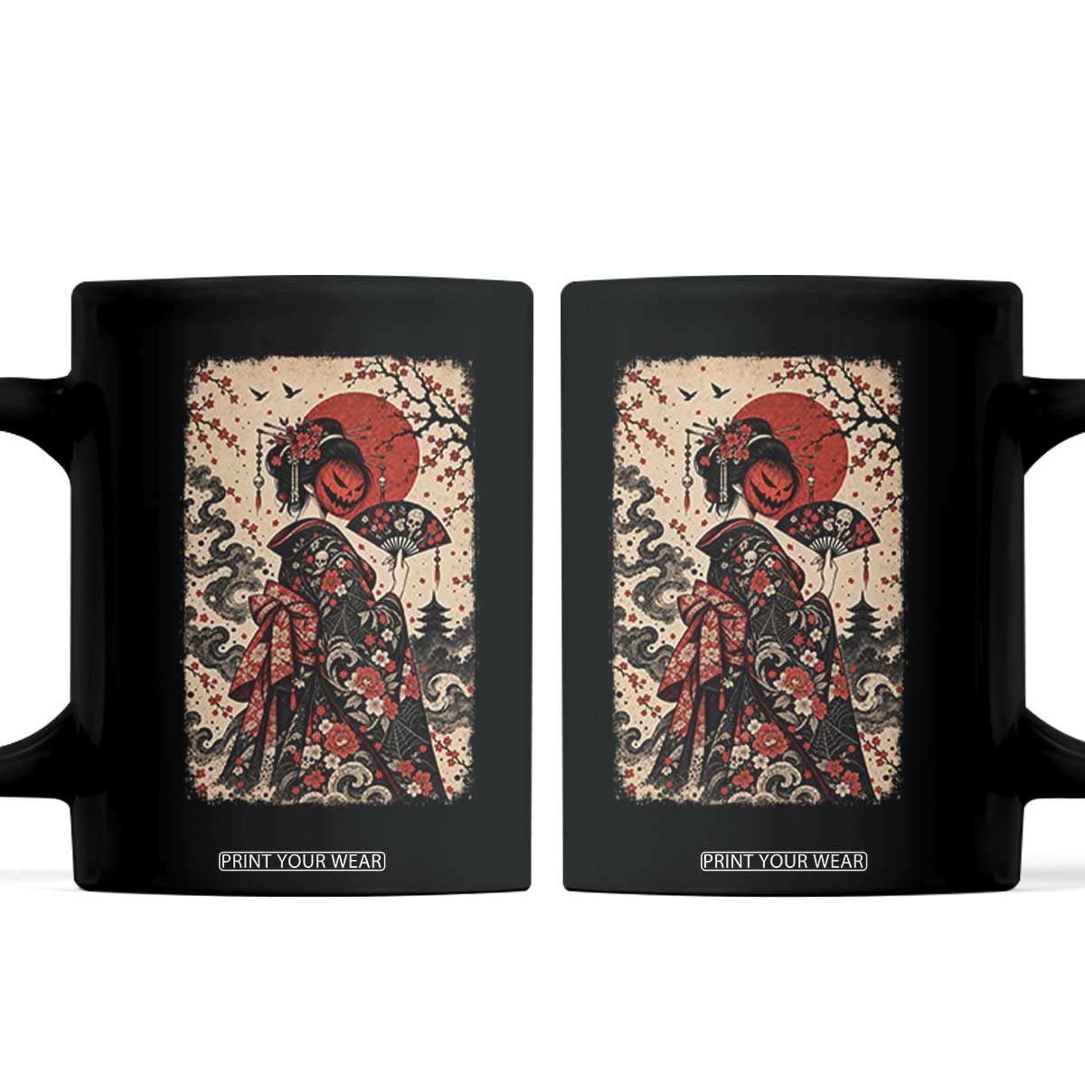 Vintage Halloween Geisha Japanese Ukiyoe Coffee Mug Spooky Kimono Dark Folklore