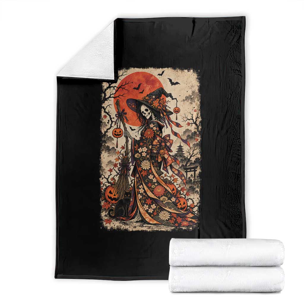 Skeleton Witch Japanese Ukiyoe Throw Blanket Vintage Kimono Halloween Spooky