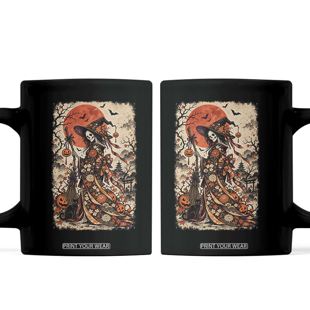 Skeleton Witch Japanese Ukiyoe Coffee Mug Vintage Kimono Halloween Spooky