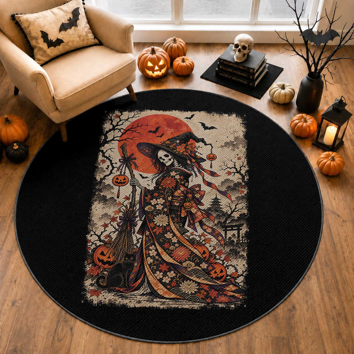 Skeleton Witch Japanese Ukiyoe Round Rug Vintage Kimono Halloween Spooky