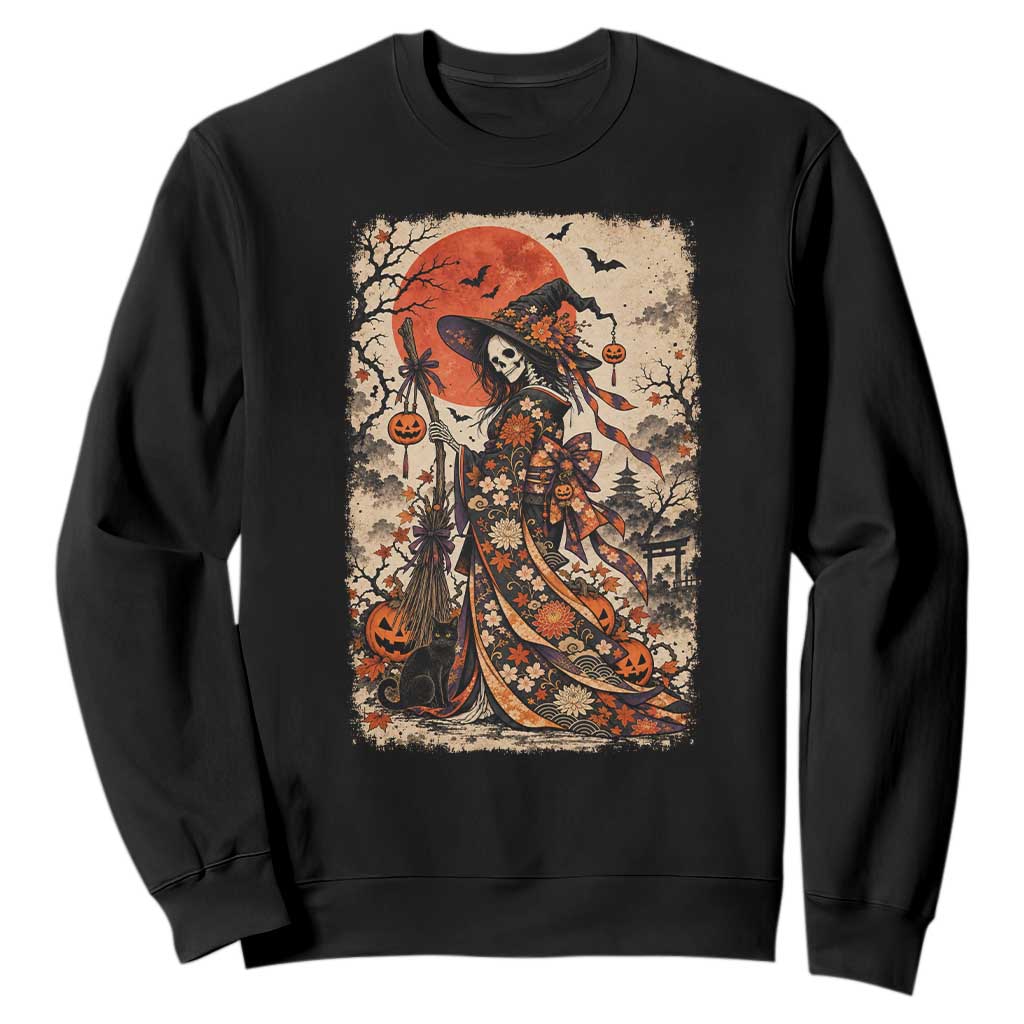 Skeleton Witch Japanese Ukiyoe Sweatshirt Vintage Kimono Halloween Spooky