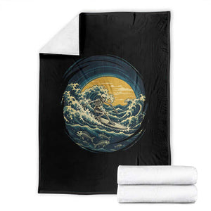 Vintage Skeleton Surfing Throw Blanket Japanese Style Great Wave Off Kanagawa