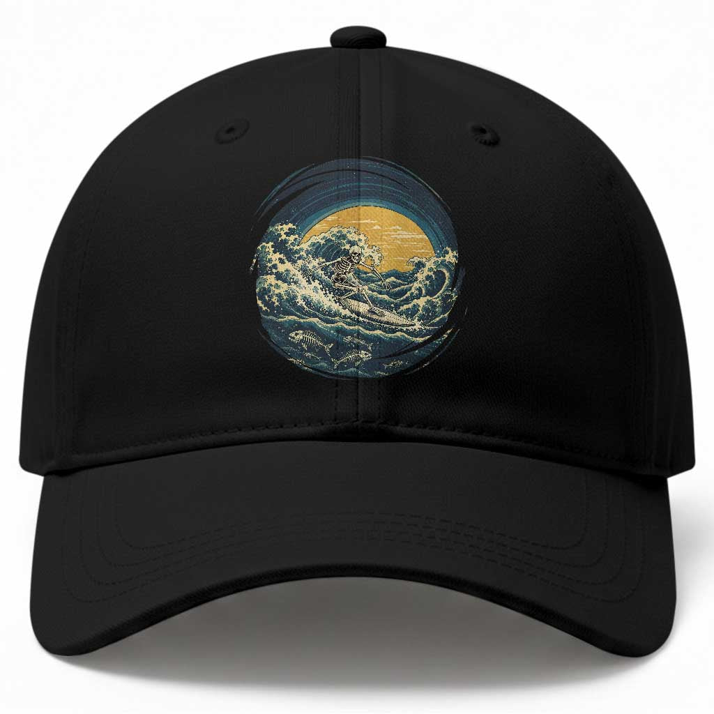 Vintage Skeleton Surfing Baseball Cap Japanese Style Great Wave Off Kanagawa