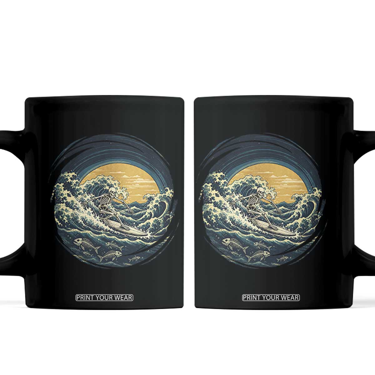 Vintage Skeleton Surfing Coffee Mug Japanese Style Great Wave Off Kanagawa