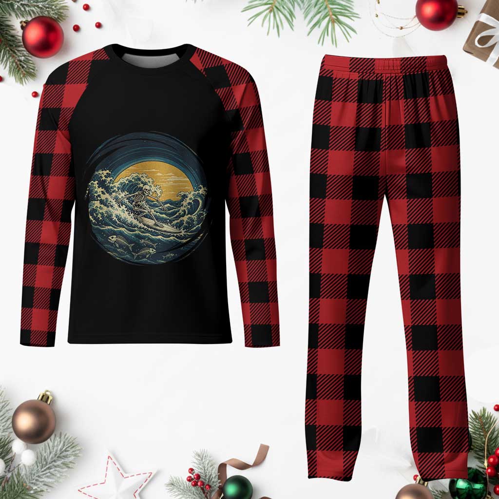 Vintage Skeleton Surfing Plaid Pajama Set Japanese Style Great Wave Off Kanagawa