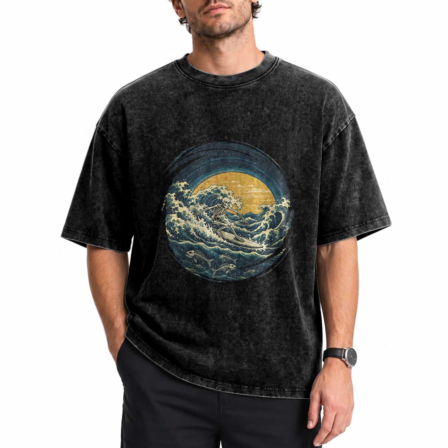 Vintage Skeleton Surfing Washed Cotton T-Shirt Japanese Style Great Wave Off Kanagawa