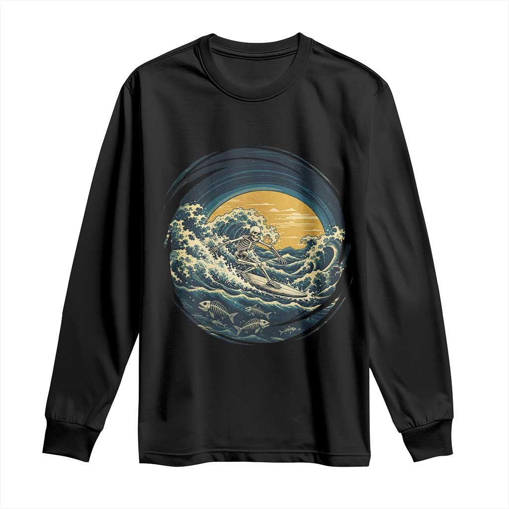 Vintage Skeleton Surfing Long Sleeve Shirt Japanese Style Great Wave Off Kanagawa