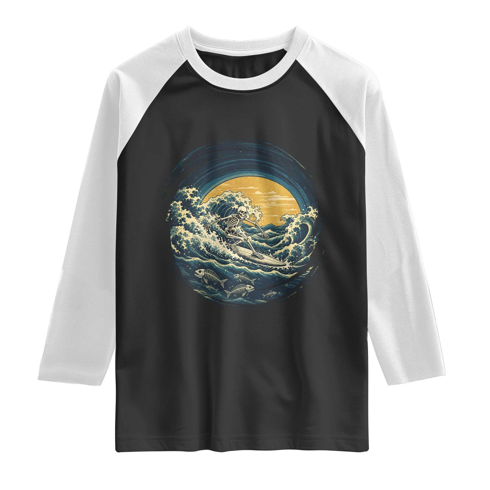 Vintage Skeleton Surfing Raglan Shirt Japanese Style Great Wave Off Kanagawa