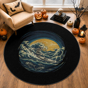 Vintage Skeleton Surfing Round Rug Japanese Style Great Wave Off Kanagawa