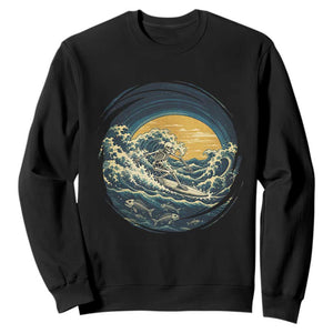 Vintage Skeleton Surfing Sweatshirt Japanese Style Great Wave Off Kanagawa