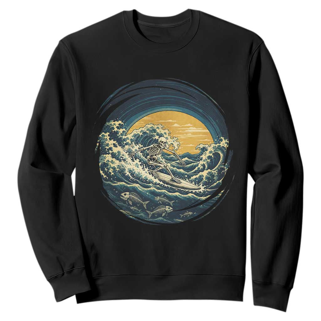 Vintage Skeleton Surfing Sweatshirt Japanese Style Great Wave Off Kanagawa