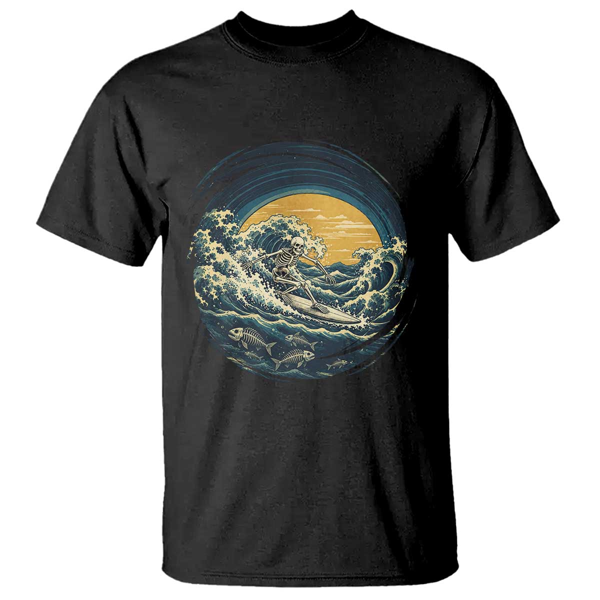 Vintage Skeleton Surfing T Shirt Japanese Style Great Wave Off Kanagawa