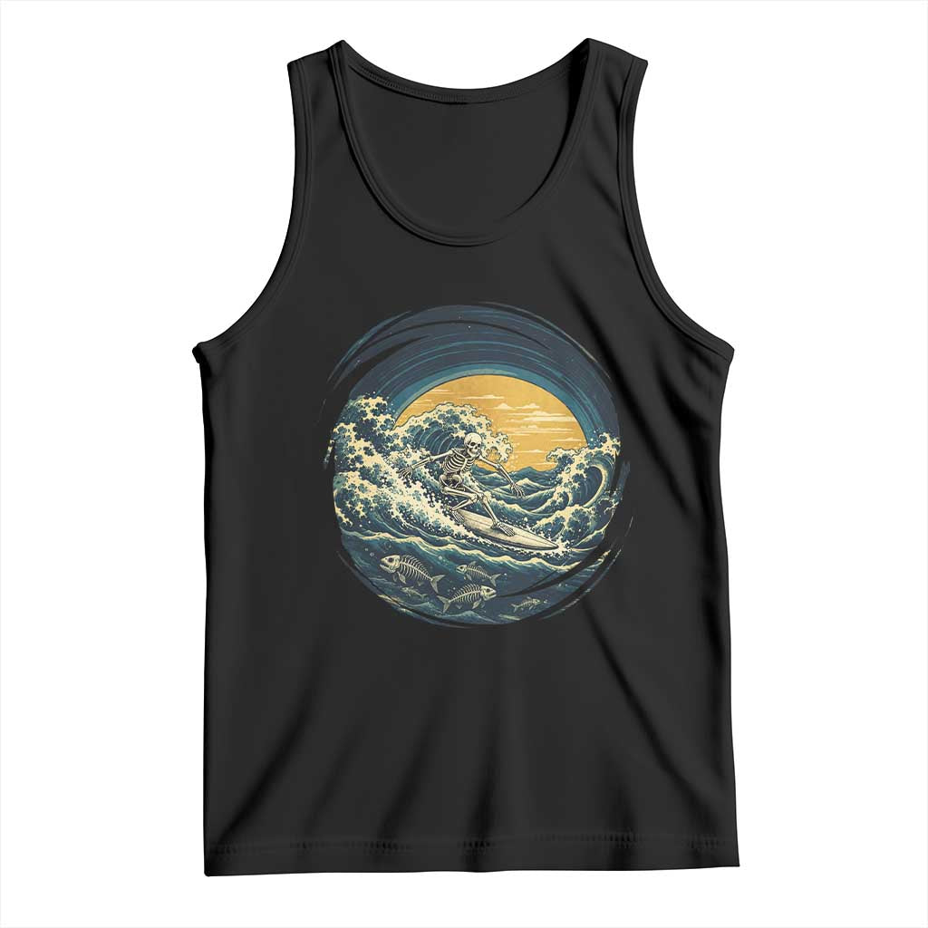 Vintage Skeleton Surfing Tank Top Japanese Style Great Wave Off Kanagawa