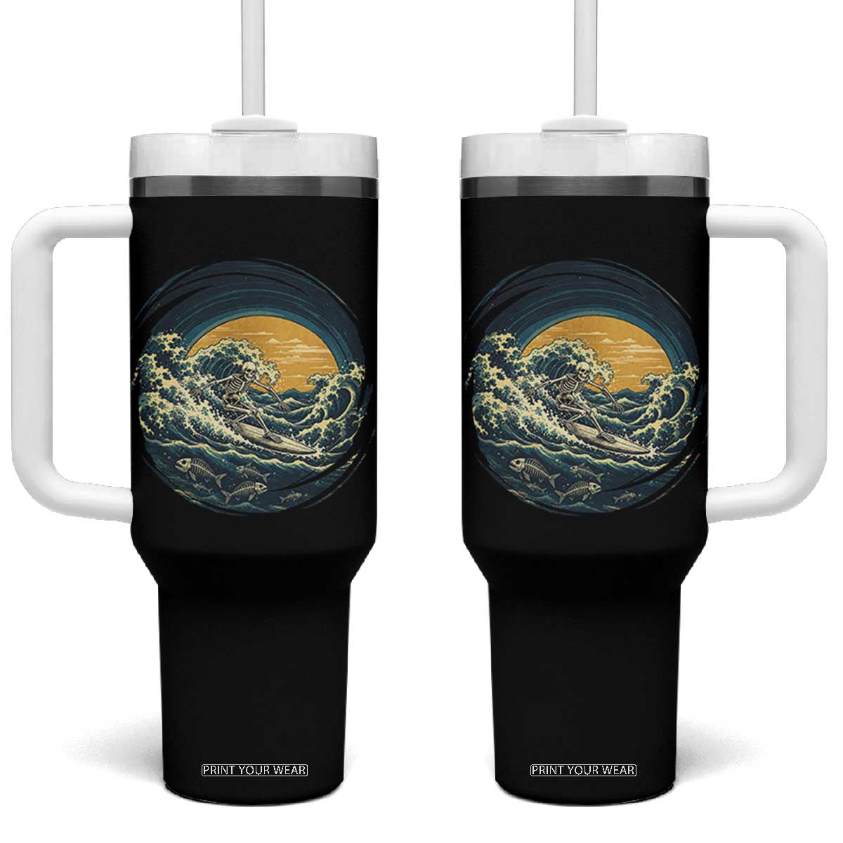 Vintage Skeleton Surfing Tumbler With Handle Japanese Style Great Wave Off Kanagawa