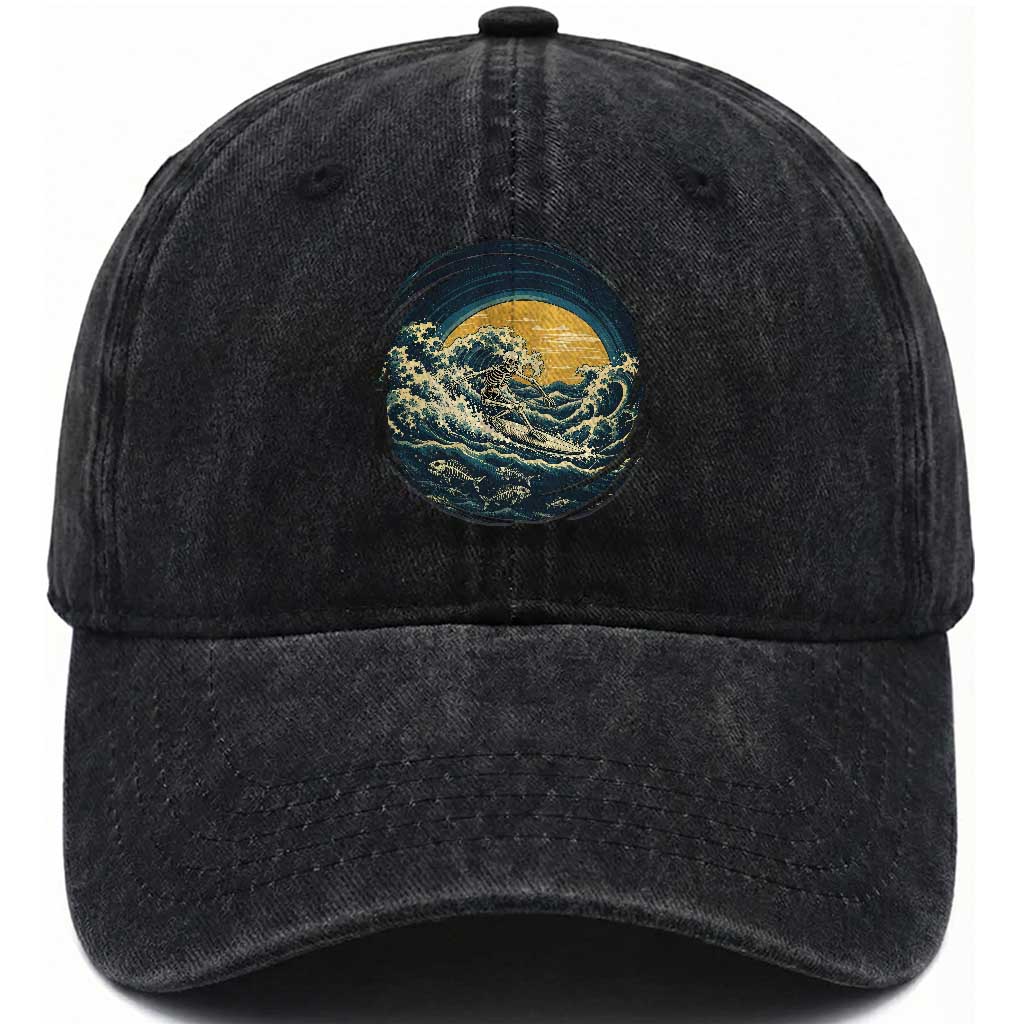 Vintage Skeleton Surfing Washed Cotton Baseball Cap Japanese Style Great Wave Off Kanagawa