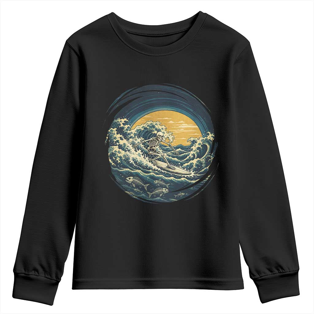 Vintage Skeleton Surfing Youth Sweatshirt Japanese Style Great Wave Off Kanagawa
