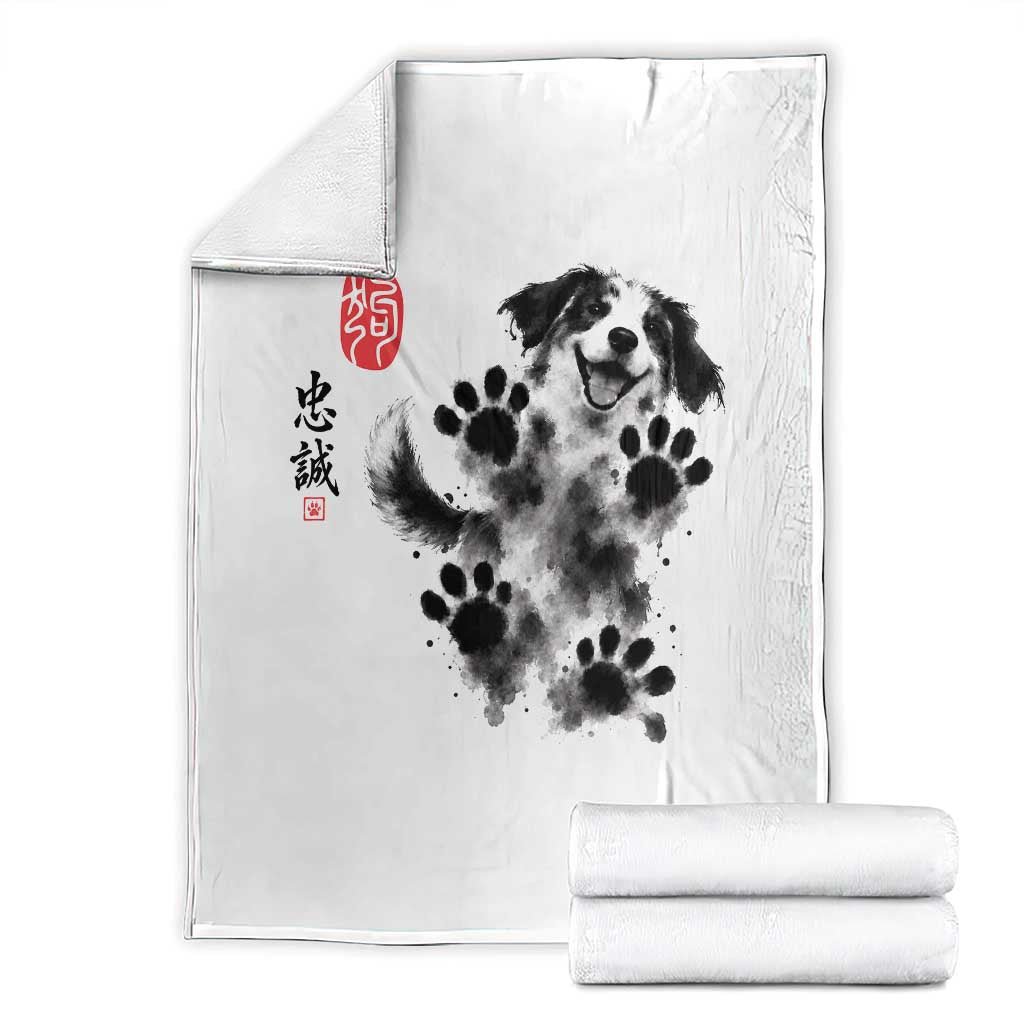 Vintage Japanese Sumie Cute Dog Throw Blanket Traditional Ink Painting Style