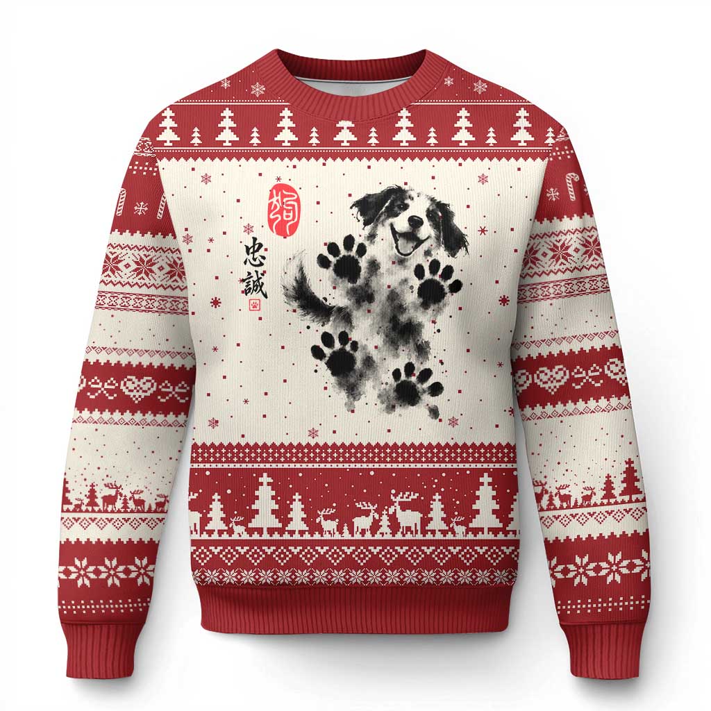 Vintage Japanese Sumie Cute Dog Ugly Christmas Sweater Traditional Ink Painting Style