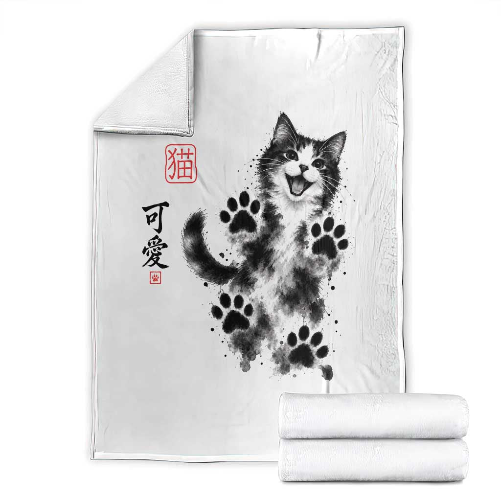 Vintage Japanese Sumie Cute Cat Throw Blanket Traditional Ink Painting Style