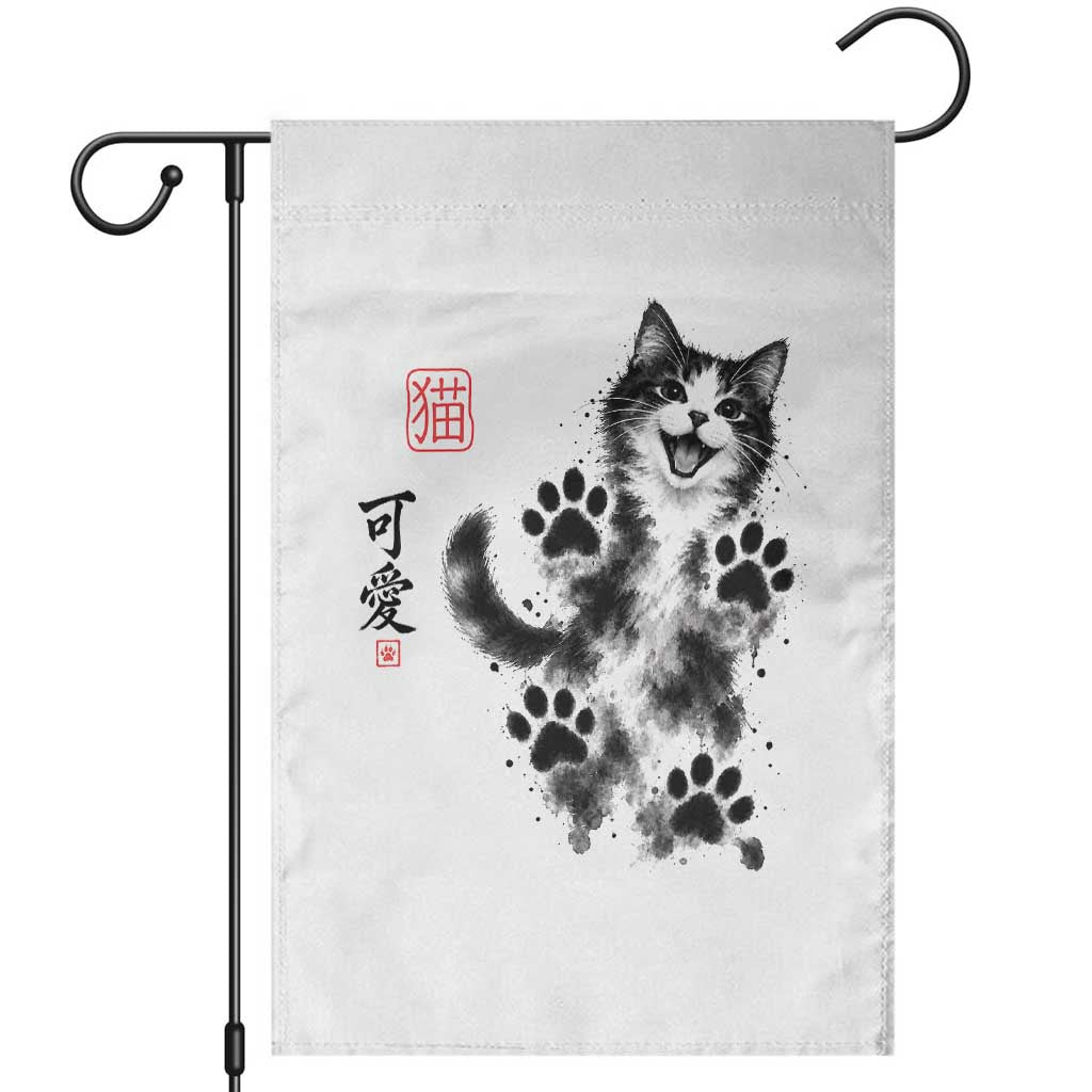 Vintage Japanese Sumie Cute Cat Garden Flag Traditional Ink Painting Style