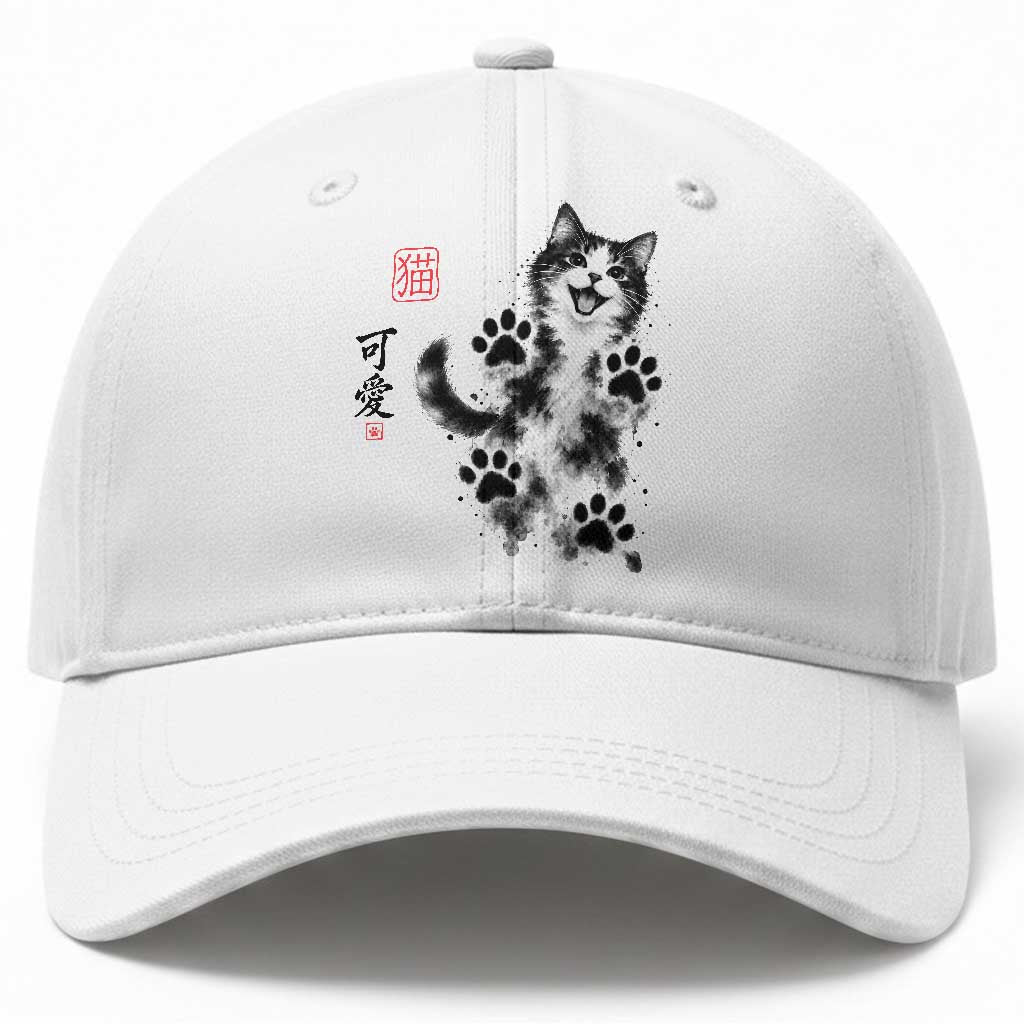 Vintage Japanese Sumie Cute Cat Baseball Cap Traditional Ink Painting Style