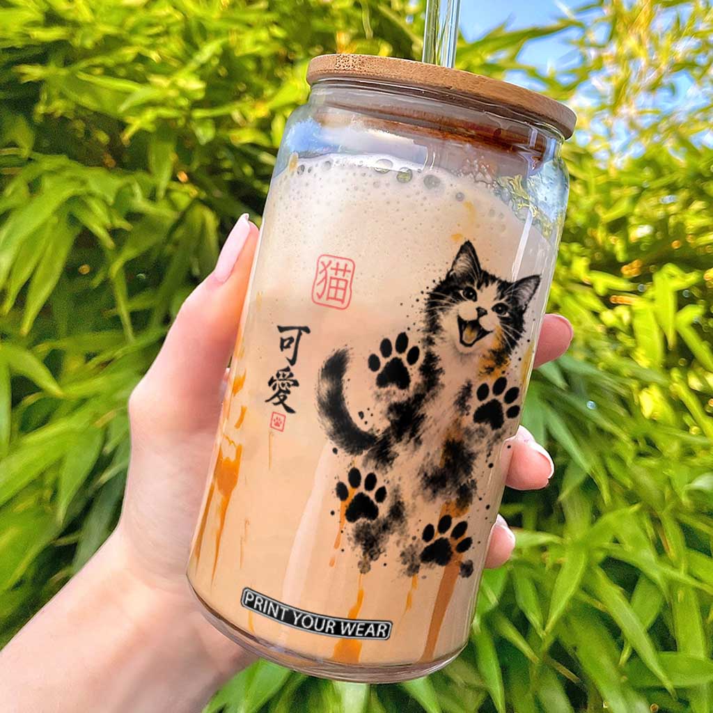 Vintage Japanese Sumie Cute Cat Glass Can Traditional Ink Painting Style