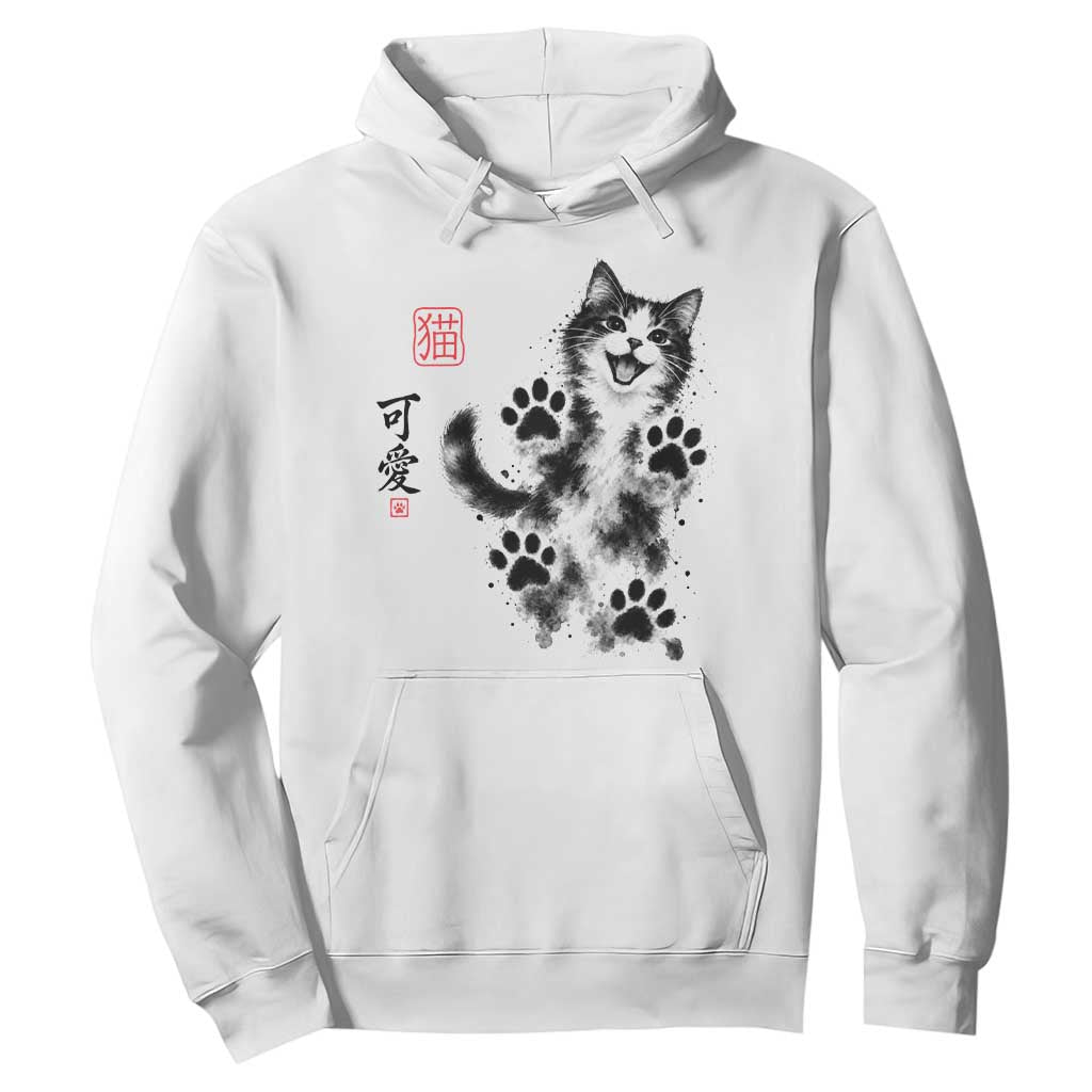 Vintage Japanese Sumie Cute Cat Hoodie Traditional Ink Painting Style