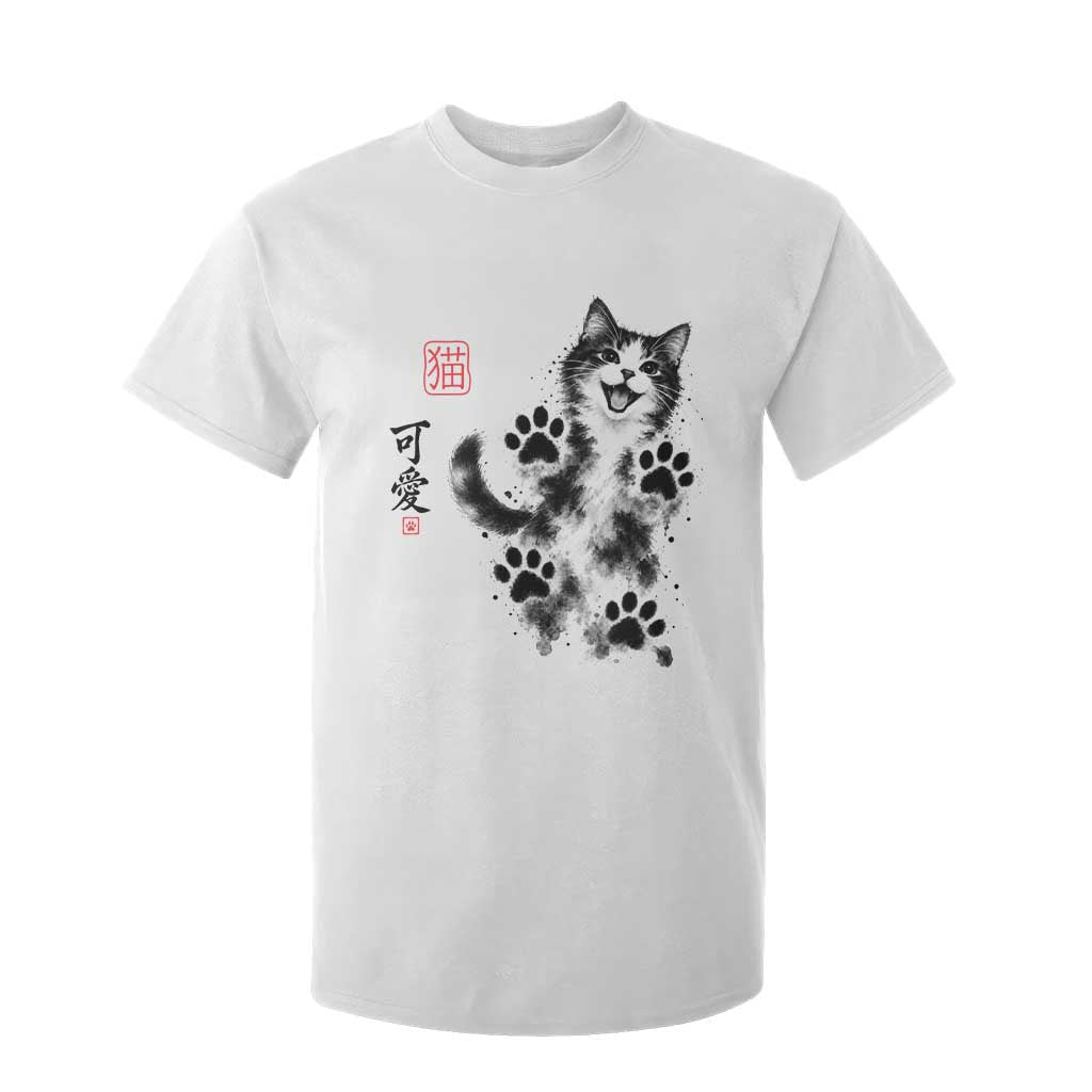 Vintage Japanese Sumie Cute Cat T Shirt For Kid Traditional Ink Painting Style