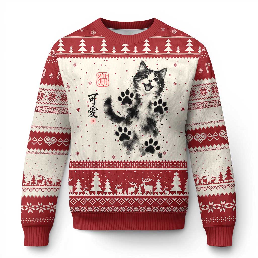 Vintage Japanese Sumie Cute Cat Ugly Christmas Sweater Traditional Ink Painting Style