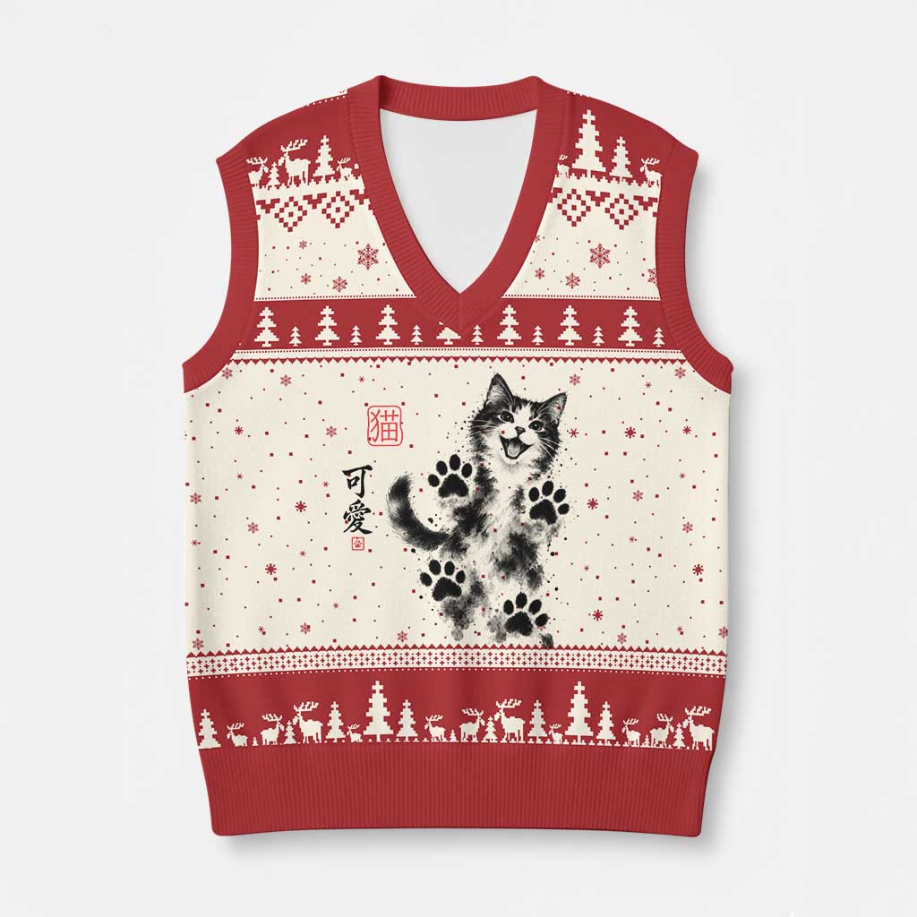 Vintage Japanese Sumie Cute Cat V-Neck Knit Sweater Vest Traditional Ink Painting Style