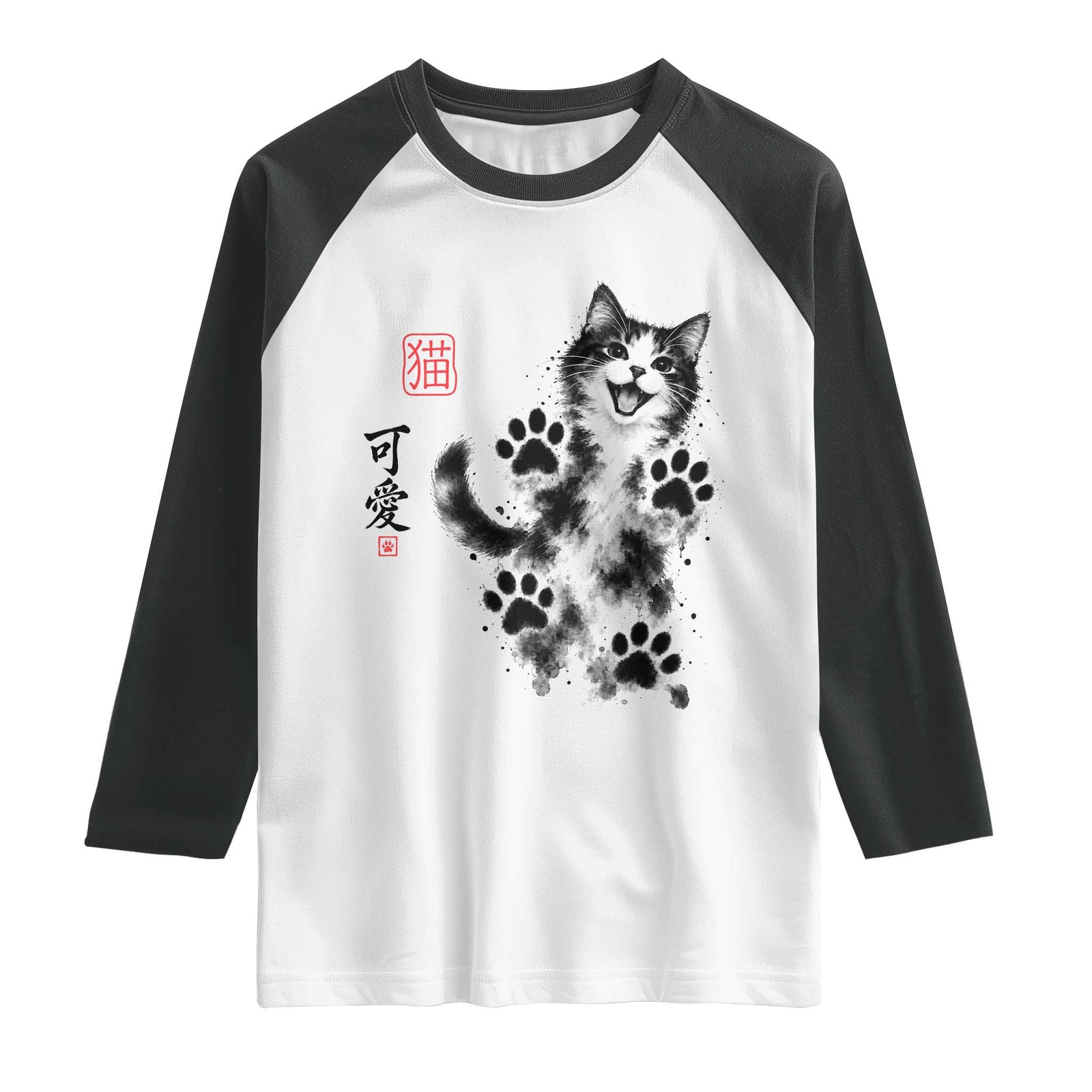 Vintage Japanese Sumie Cute Cat Raglan Shirt Traditional Ink Painting Style