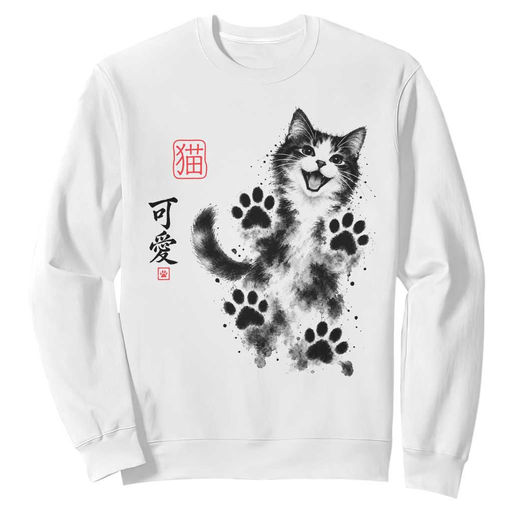 Vintage Japanese Sumie Cute Cat Sweatshirt Traditional Ink Painting Style