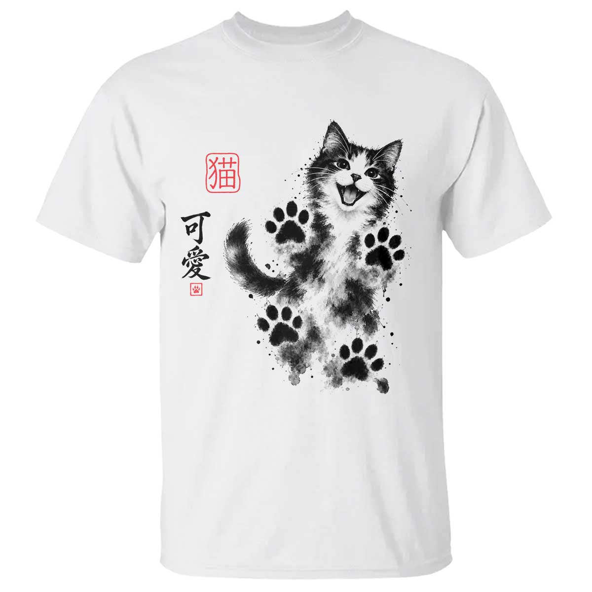 Vintage Japanese Sumie Cute Cat T Shirt Traditional Ink Painting Style