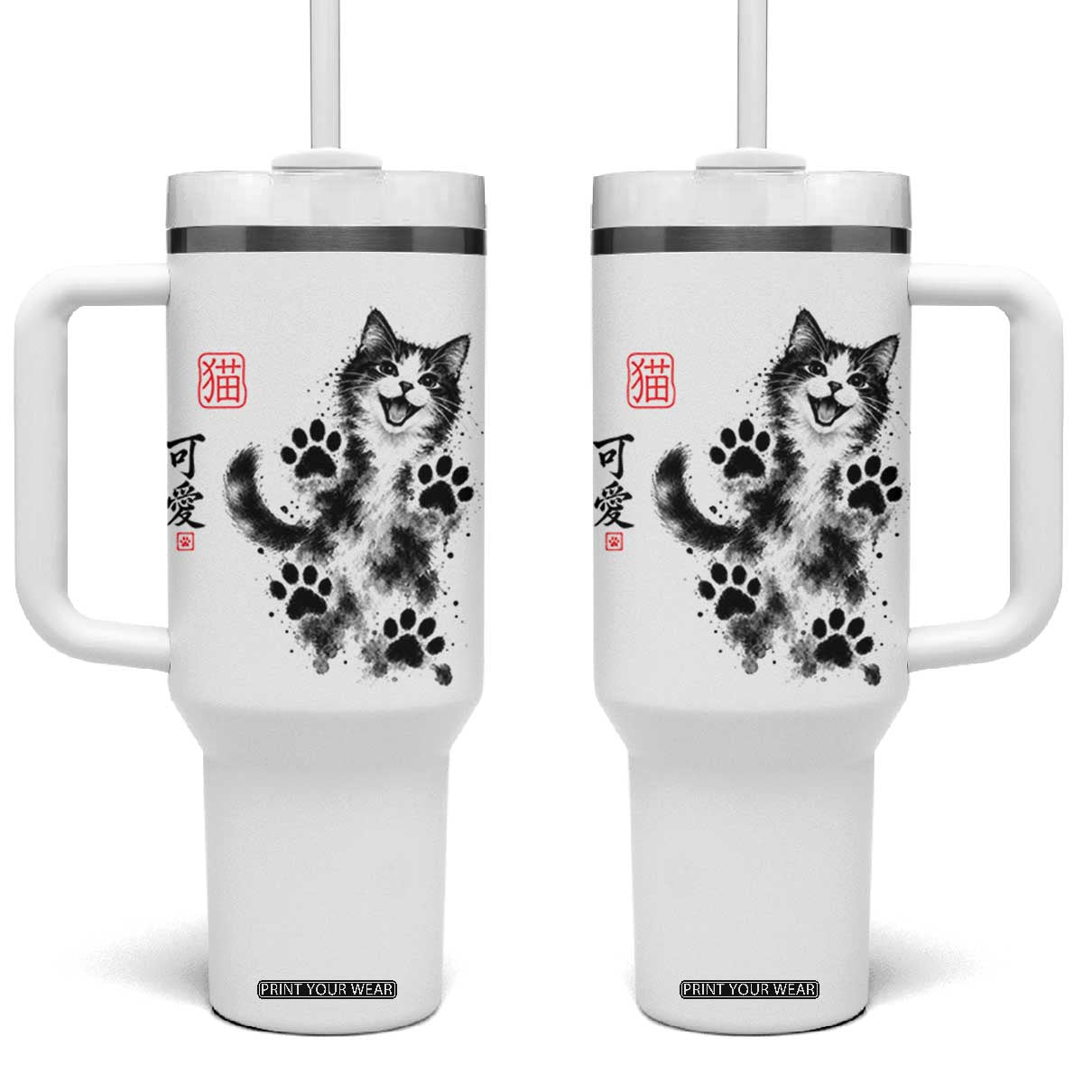 Vintage Japanese Sumie Cute Cat Tumbler With Handle Traditional Ink Painting Style
