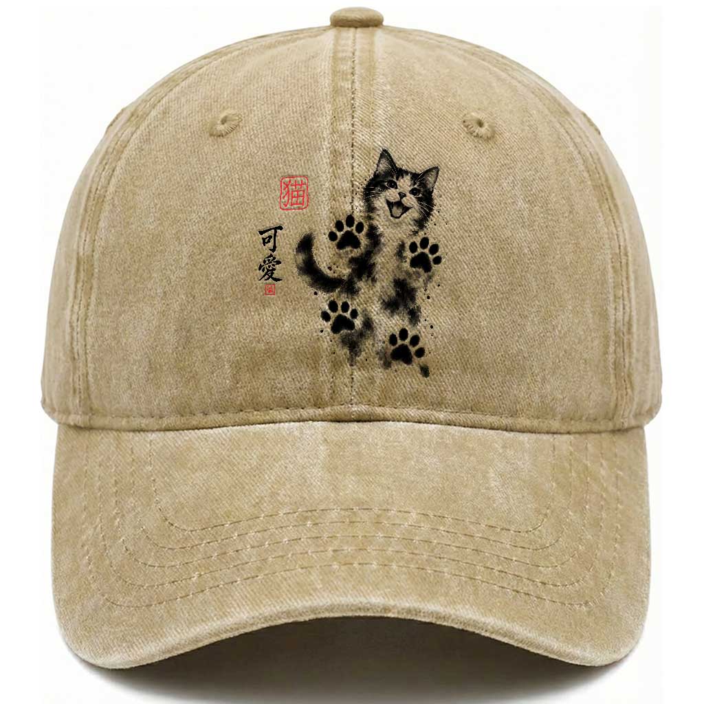 Vintage Japanese Sumie Cute Cat Washed Cotton Baseball Cap Traditional Ink Painting Style