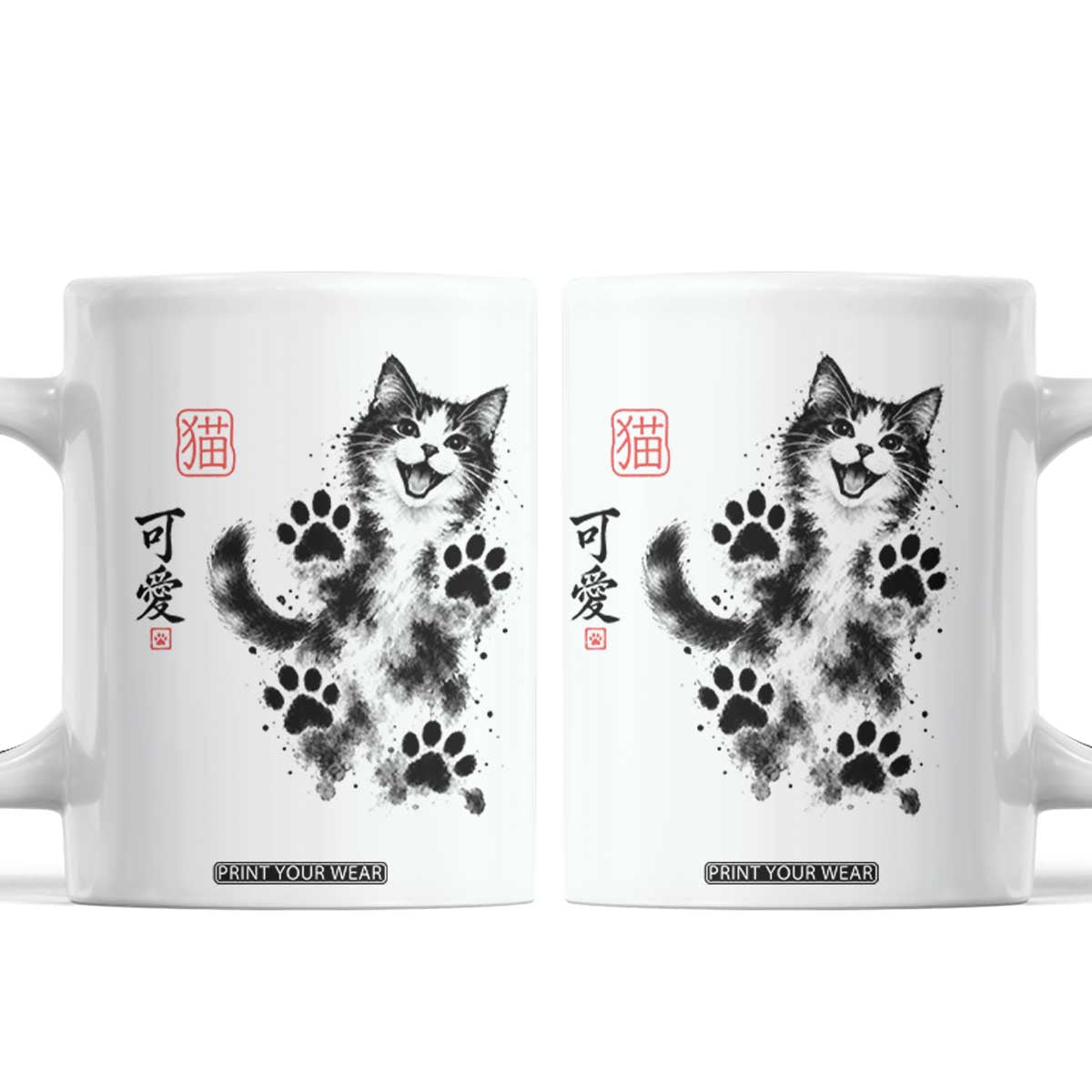 Vintage Japanese Sumie Cute Cat Coffee Mug Traditional Ink Painting Style