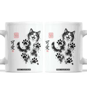 Vintage Japanese Sumie Cute Cat Coffee Mug Traditional Ink Painting Style