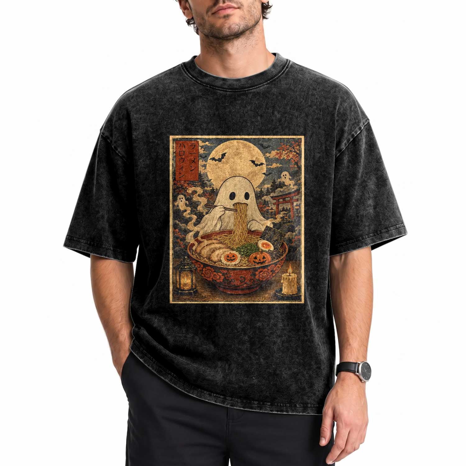 Kawaii Ghost Eating Ramen Noodles Washed Cotton T-Shirt Japanese Halloween Style