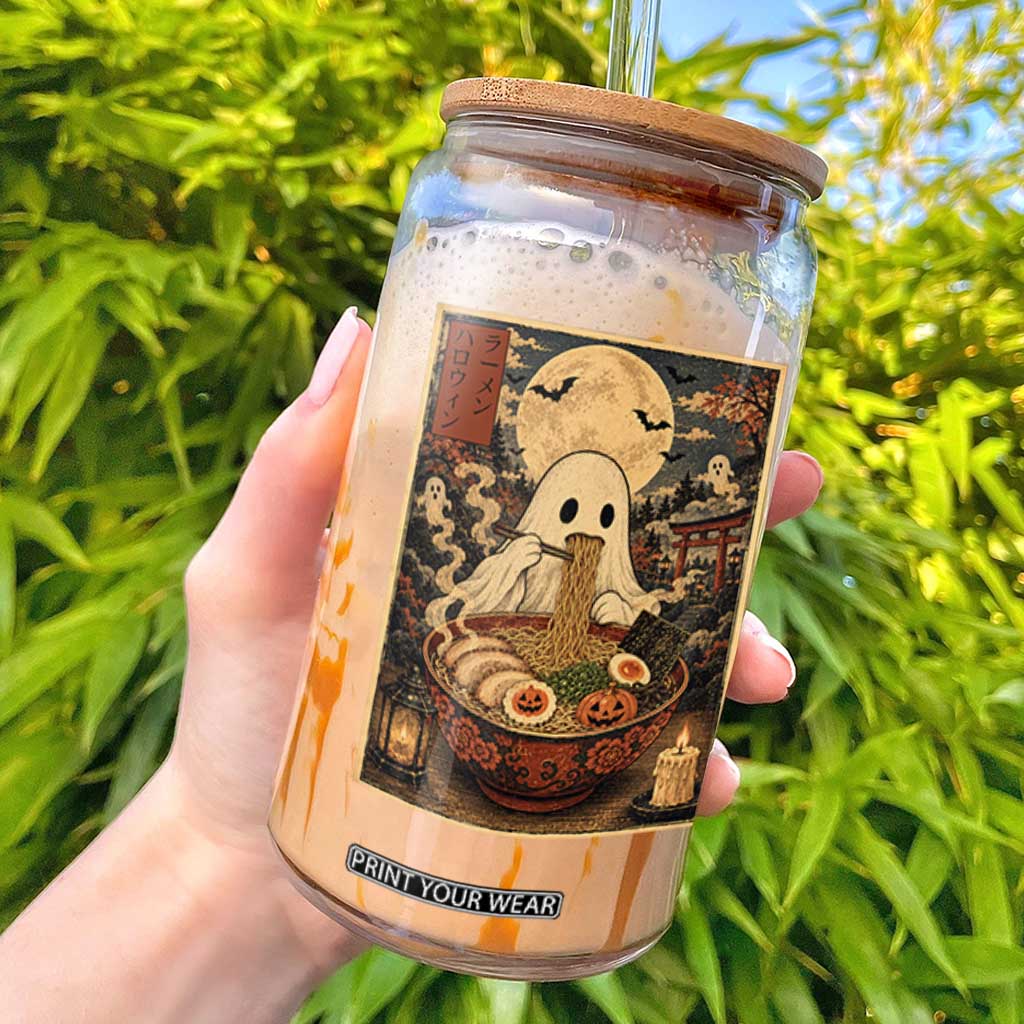 Kawaii Ghost Eating Ramen Noodles Glass Can Japanese Halloween Style