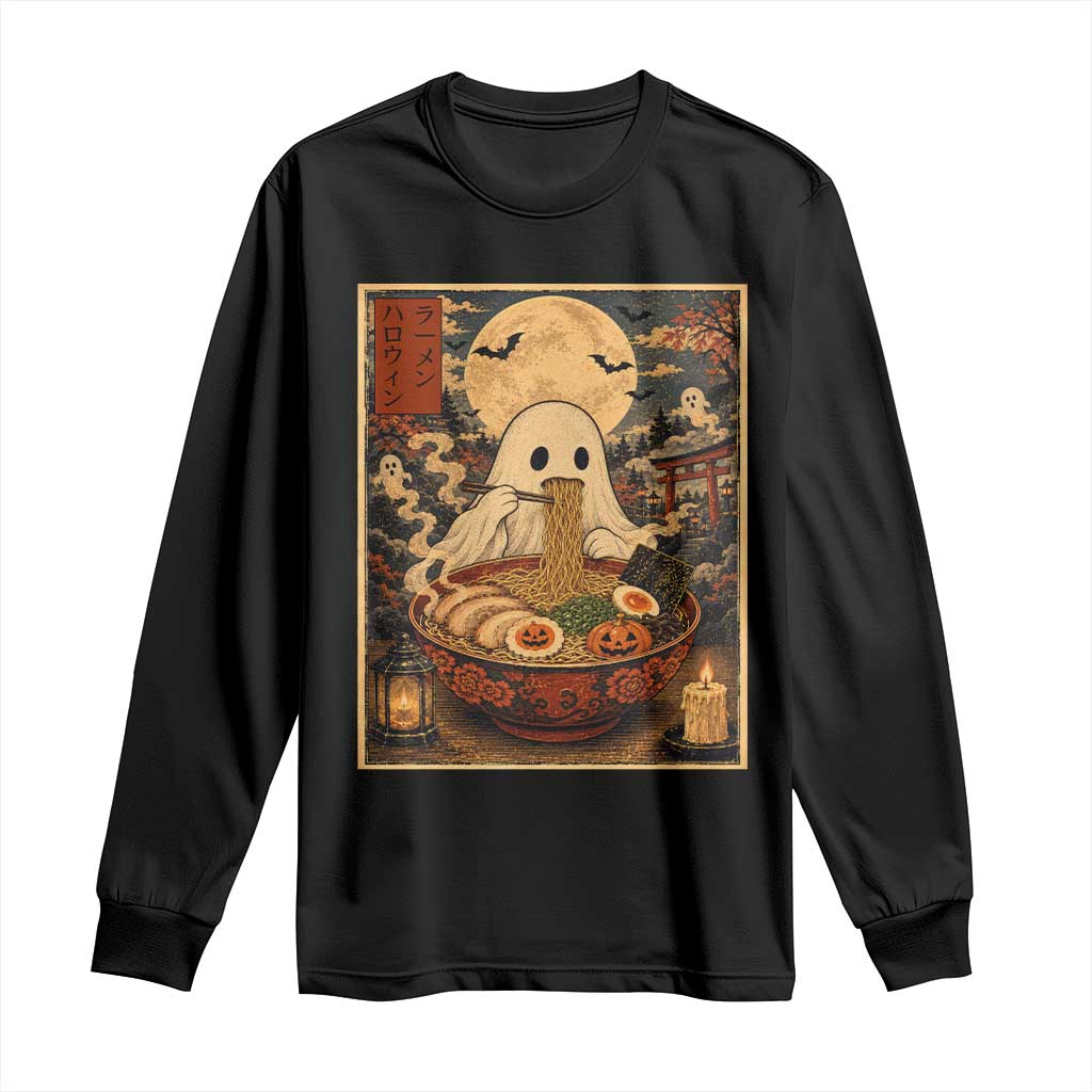 Kawaii Ghost Eating Ramen Noodles Long Sleeve Shirt Japanese Halloween Style
