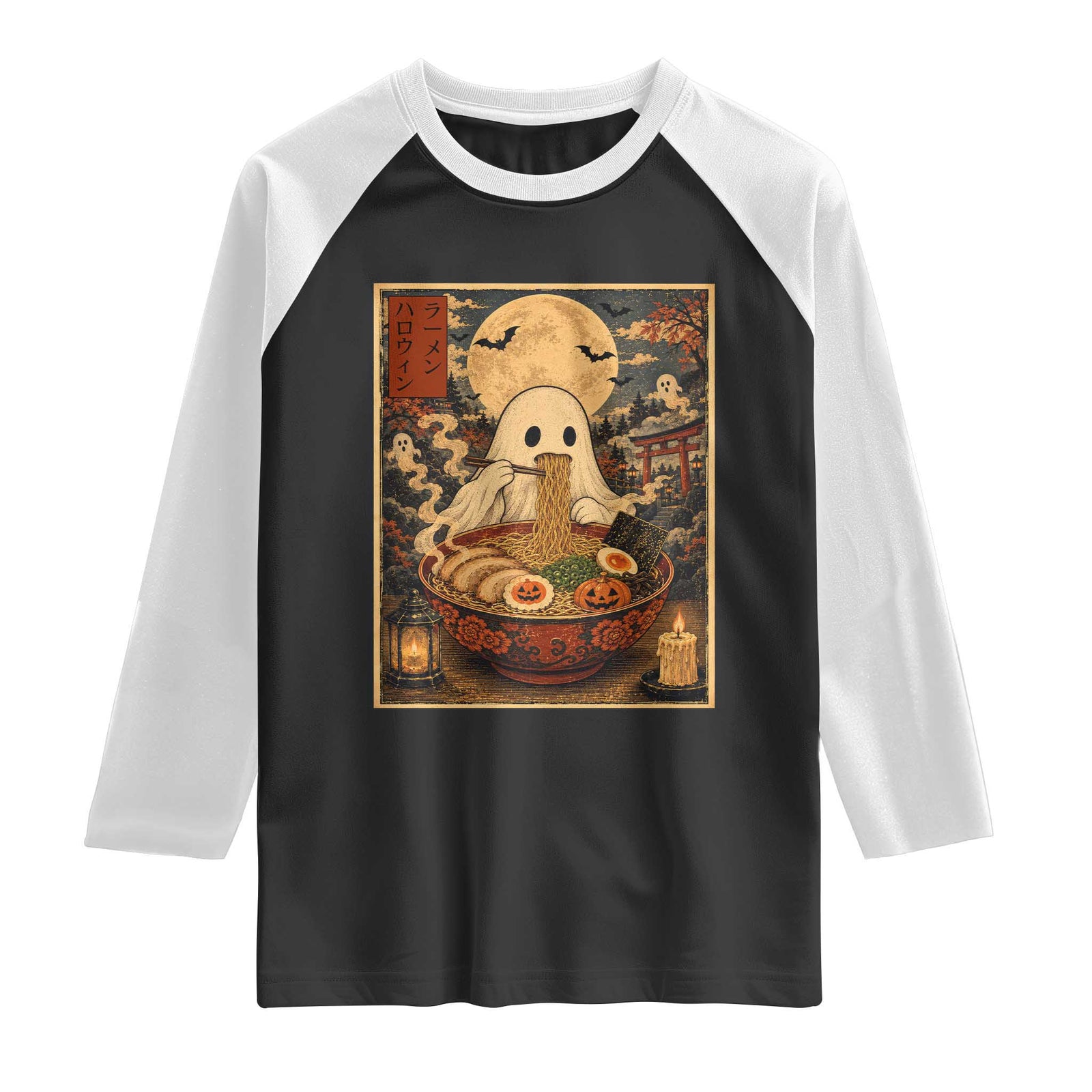 Kawaii Ghost Eating Ramen Noodles Raglan Shirt Japanese Halloween Style