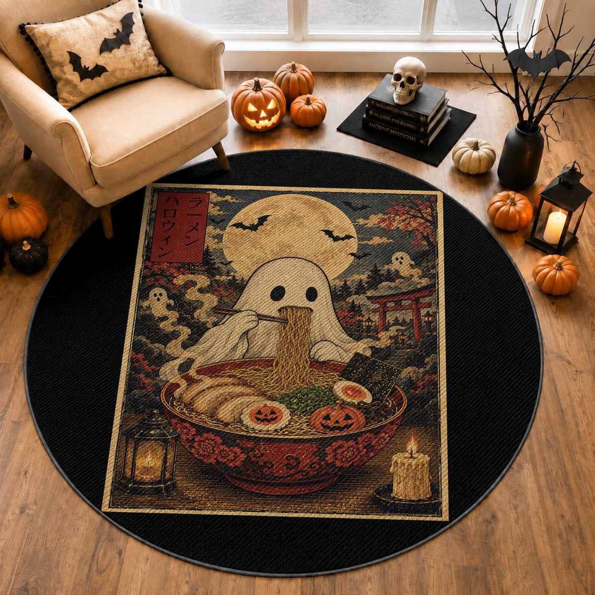 Kawaii Ghost Eating Ramen Noodles Round Rug Japanese Halloween Style