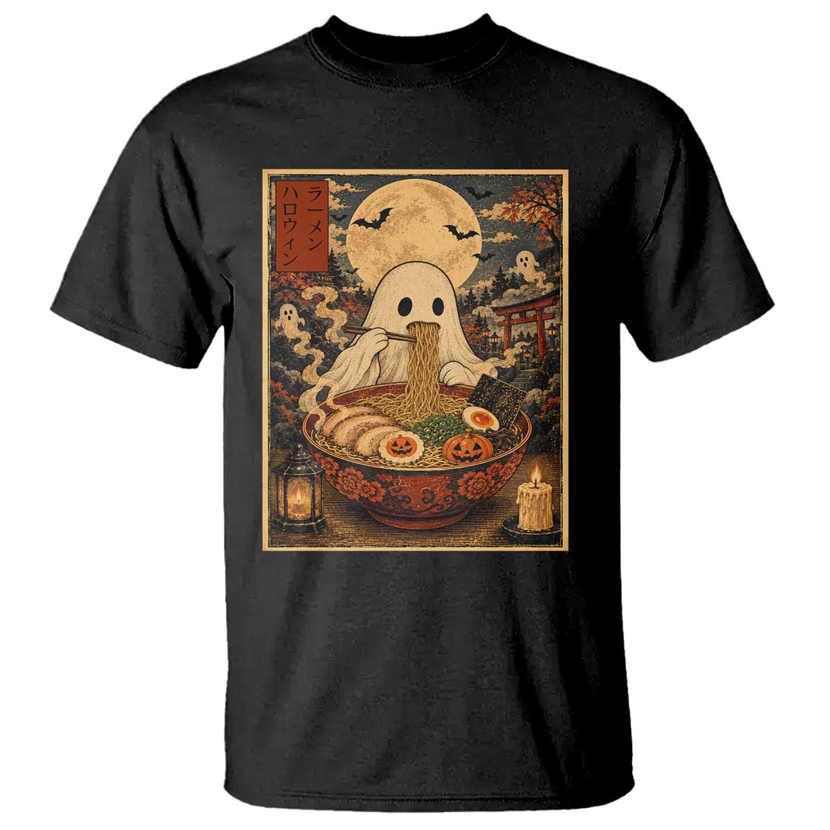 Kawaii Ghost Eating Ramen Noodles T Shirt Japanese Halloween Style